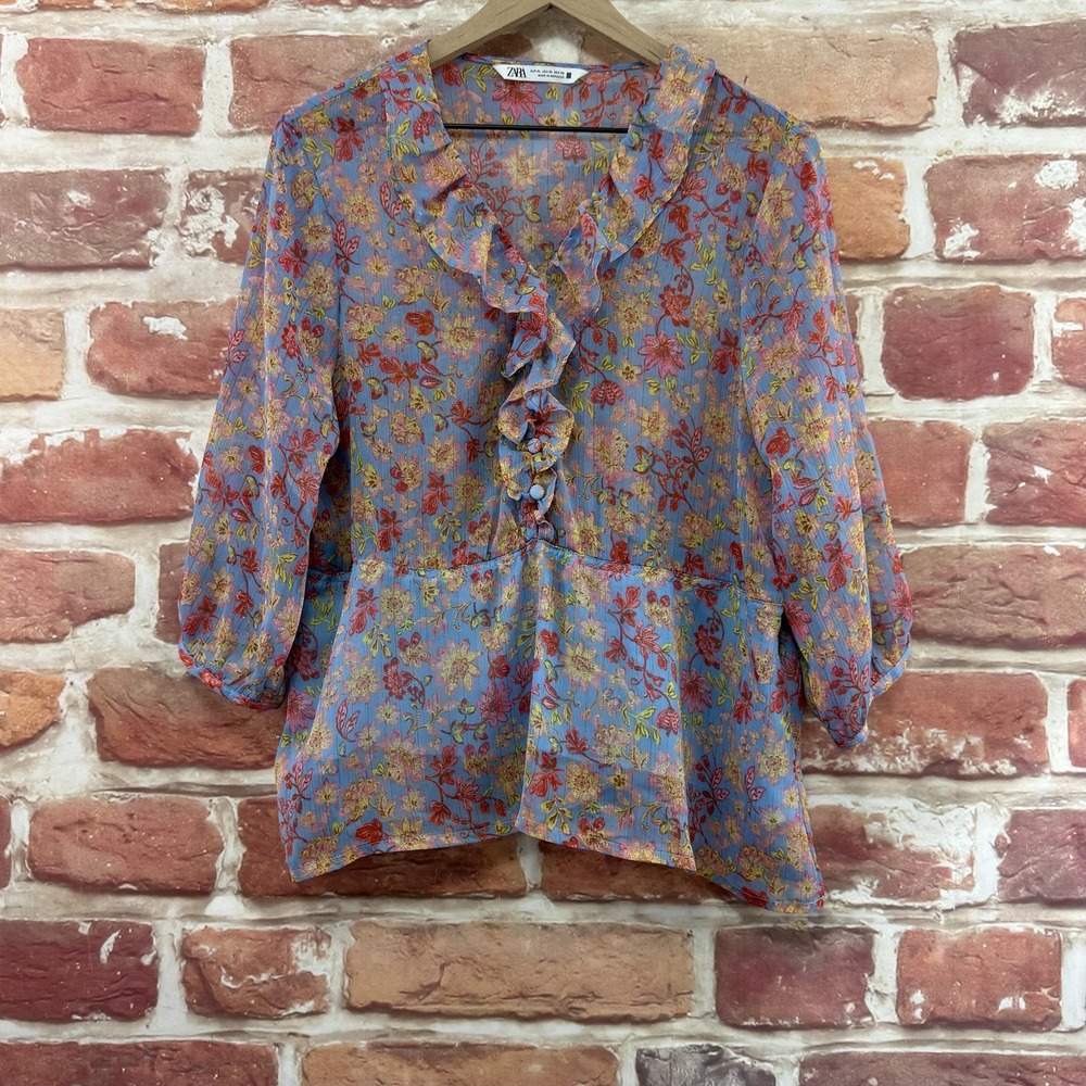 Zara Top Women's XL Blue Multicolor Metallic Chic Garden Floral Sheer Shirt